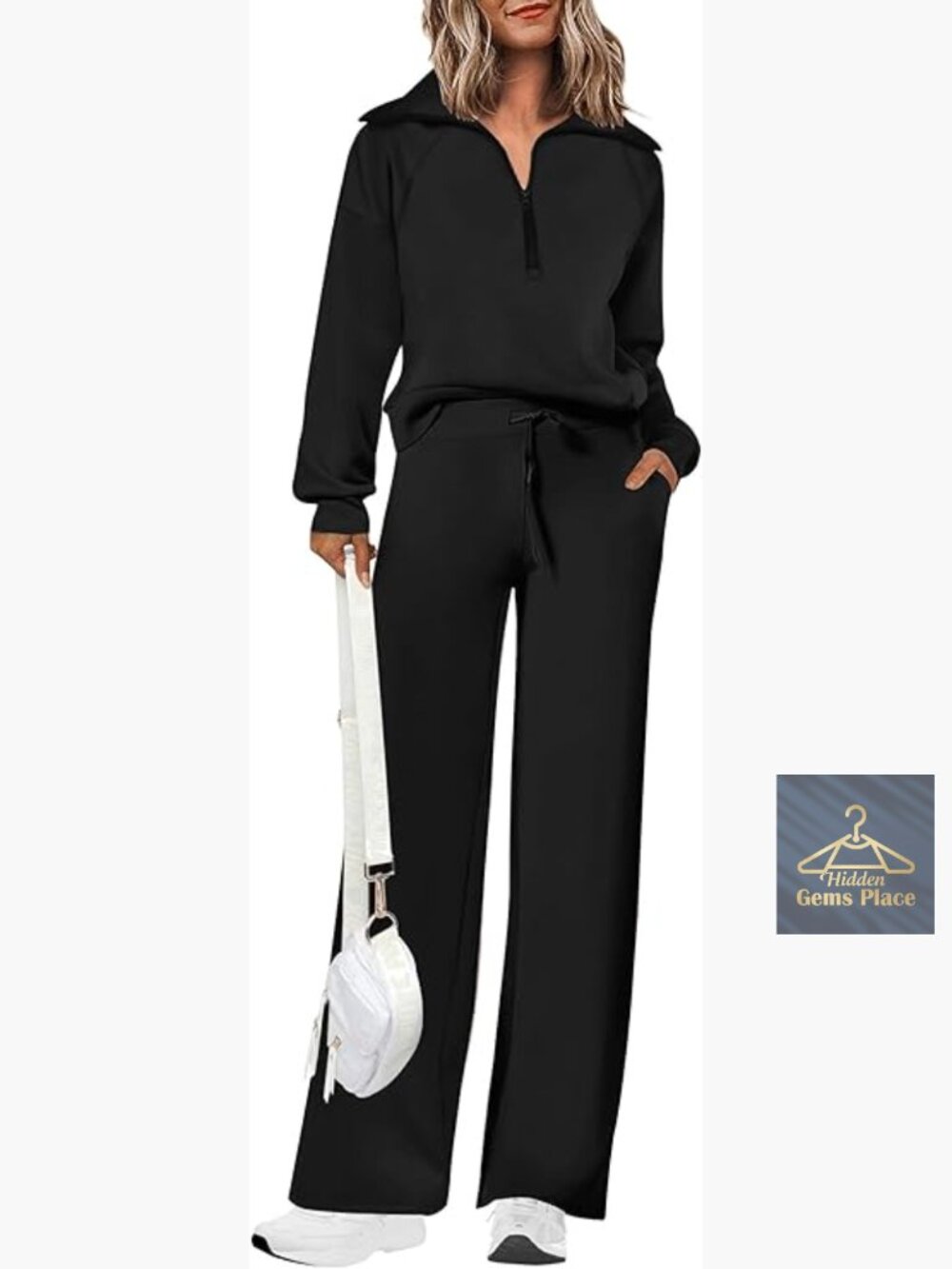Large 2-Piece Tracksuit Set with Half-Zip Sweatshirt and Wide Leg Pants
